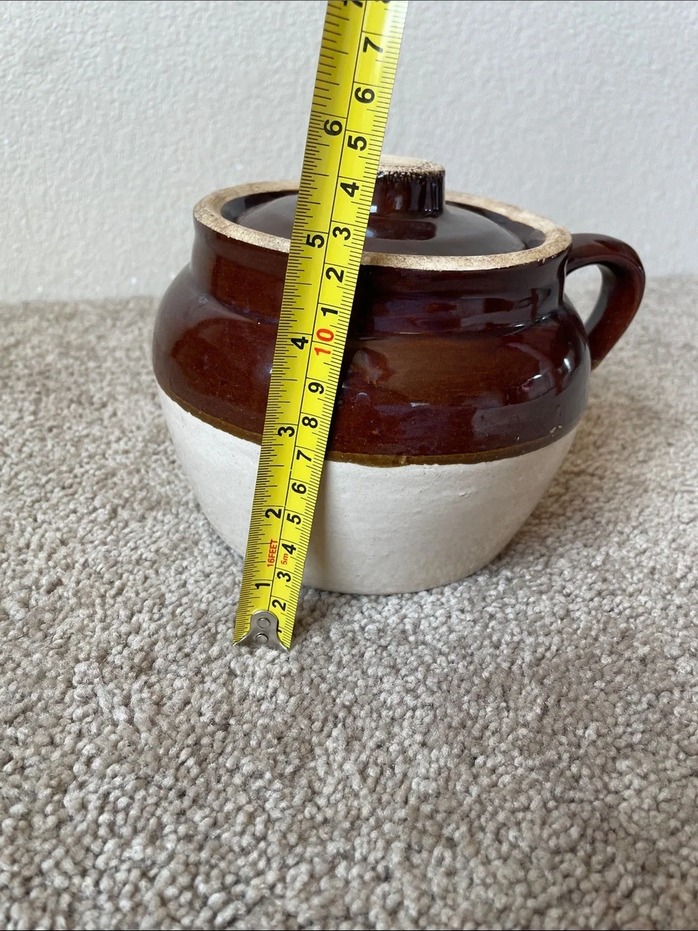 Vintage Stoneware Bean Pot With Lid Covered Casserole Brown and Cream Ceramic
